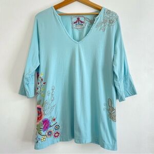 Johnny Was Floral Embroidered Light Blue 100% Cotton 3/4 Sleeve Shirt Top Sz 1X